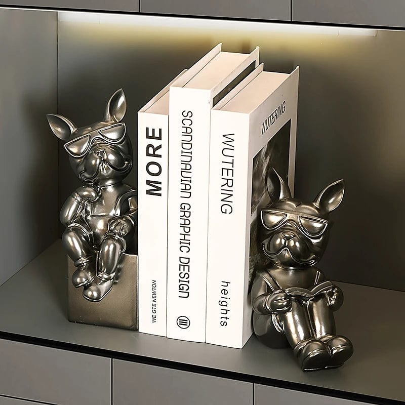 4 French Bulldog Wine Rack / Book Shelf: Stylish Dog Figurines for Home Interior Decoration and Table Ornaments in Your Living Room