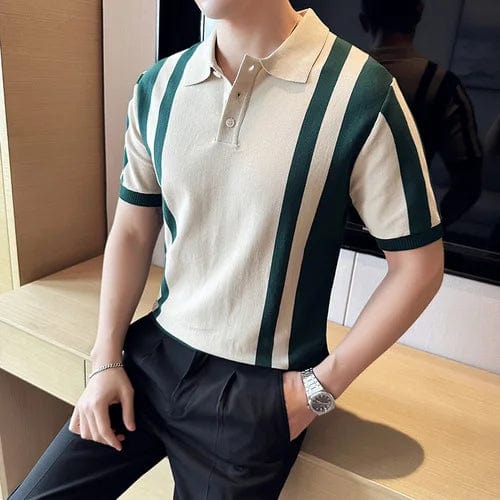 Beige / M British Style Short Sleeve Polo Shirts Men Summer Striped Slim Fit Knitted Causal Business POLO T-shirts Social Streetwear Tops
