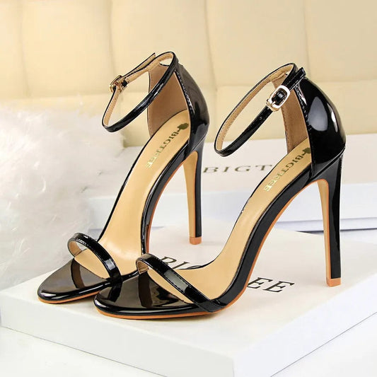Black 11cm / 34 Gladiator Platform Strap Glossy Leather Women's 8cm High Heel Shoes