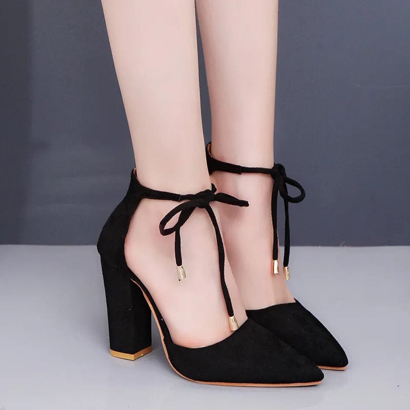 black / 34 Elegant Square High Heels Lace Up Pointed Toe Ladies Shoes