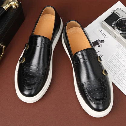 black / 38 (US 6) / CHINA Men's Casual Shoes Fashion Snakeskin Grain Leather Men Retro British Style Loafers Mens Slip-on Outdoor Flats Monk Shoes