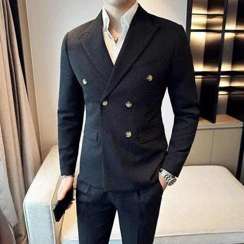 black / Asia 2XL 70-75KG (Jacket+Pants) Men Blazers High Quality Double Breasted Business Suits/Male Slim Fit Waffle Groom's Wedding Dress Casual Tuxedo