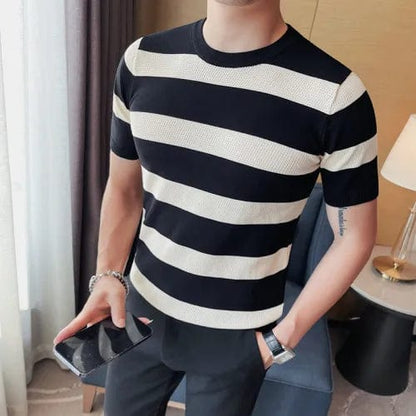 black / Asia S 47-51KG Summer Short Sleeve Stripe T-Shirt Men Fashion Hollow Out Plaid Knitted Casual T-shirt Breathable Round Neck Tee Top Streetwear
