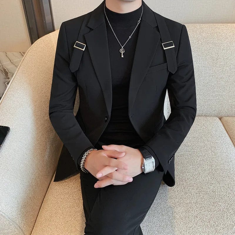 black / Asian M 48-58KG Blazer Hombre British Shoulder Strap Design Blazer Jacket For Men Two Buttons Slim Fit Casual Elegant Mens Suits Formal Tuxedo