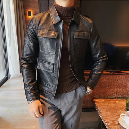 Black / Asian S is Eur XXS 2023 Brand clothing Men's spring Casual leather jacket/Male slim fit Fashion High quality leather coats Man clothing S-3XL