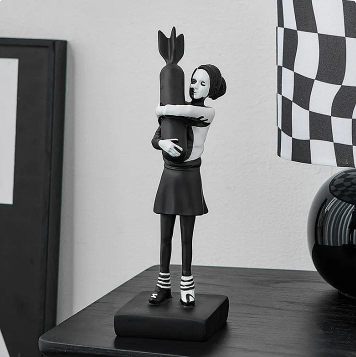 Black Banksy Inspired Hugging Bomb Girl Sculpture: Modern Art Statue for Elegant Home or Office Décor