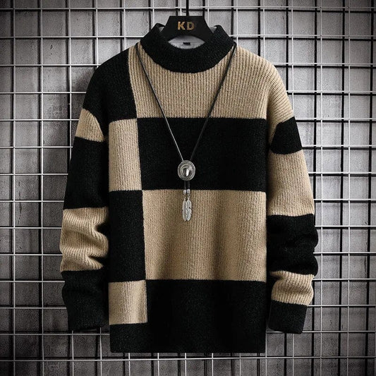 Black Collar Khaki / XS Patchwork Sweater - Elevate Your Style: Men Casual Patchwork Colour Knitted Pullover Plaid Round Neck Sweater Man