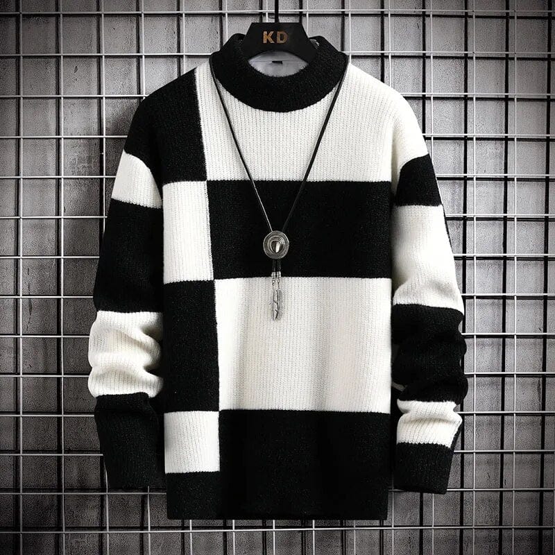 Black collar White / XS Patchwork Sweater - Elevate Your Style: Men Casual Patchwork Colour Knitted Pullover Plaid Round Neck Sweater Man