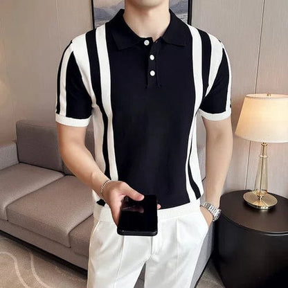 black / M British Style Short Sleeve Polo Shirts Men Summer Striped Slim Fit Knitted Causal Business POLO T-shirts Social Streetwear Tops