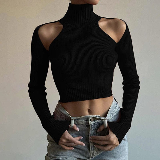 black / S Chic Streetwear Vibes: Black Turtleneck Sweater with Off-Shoulder Hollow Out Design for Casual Elegance