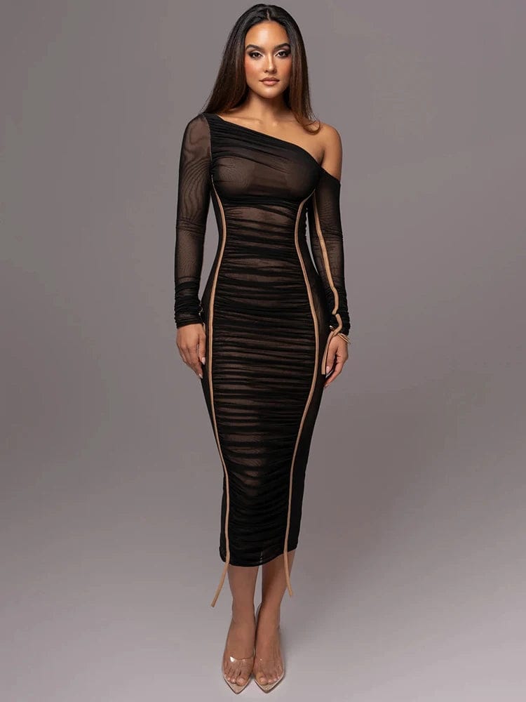Black / S Mozision Diagonal Collar Long Sleeve Midi Dress For Women Two Layer Mesh Backless Ruched Bodycon Club Party Sexy Long Dress