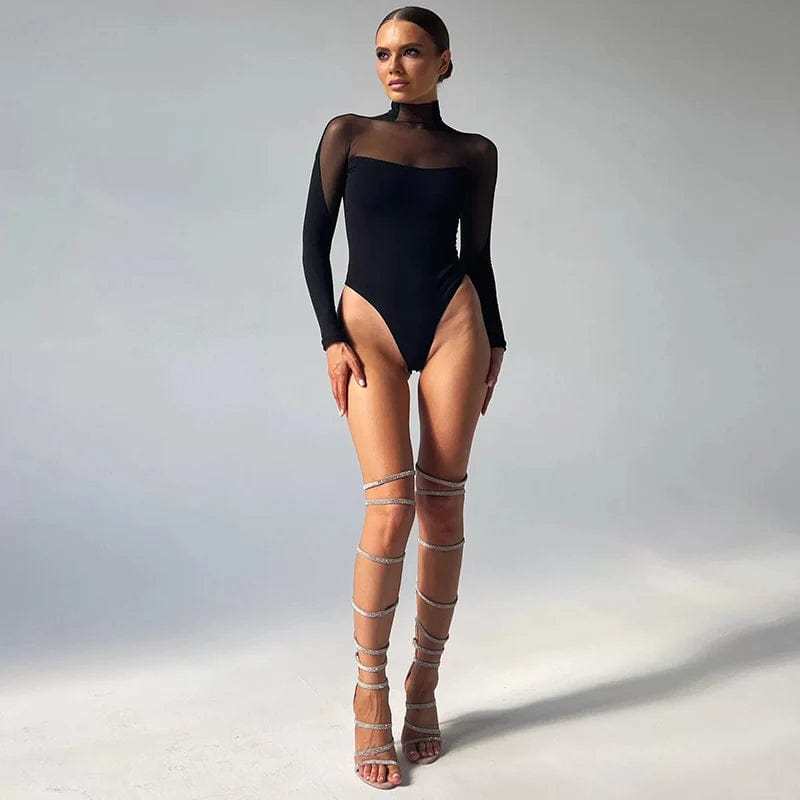 Black / M Women's Mesh Bodysuit Long Sleeve Seductive Bodycon