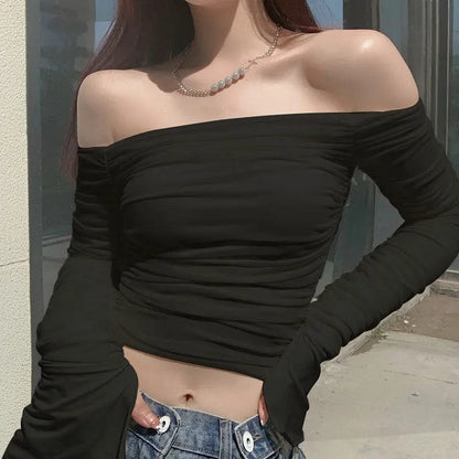 black / S Xeemilo Mesh Ruched Long Sleeve T Shirt Sexy Off Shoulder Bodycon Women Streetwear Crop Tops 2023 Summer Solid Elegant T-shirts