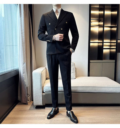 Black / XS (Jacket & Pants) Premium Double-Breasted Men's Business Suit: Tailored Set for Groom's Wedding Dress or Casual Tuxedo Look