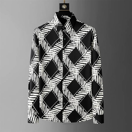 black / XXXL 87-95KG Brand Plaid Shirts Men Fashion Long Sleeve Loose Casual Shirts 2024 Spring Summer Streetwear Social Party Tuxedo Blouse M-4XL