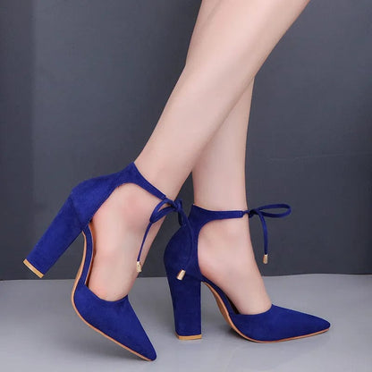 Blue / 34 Sexy Pointed Toe Ladies Shoes Square High Heels Lace Up Women Pumps 2023 Wedding Strap Blue Woman Shoes Zapatos Mujer Size 43