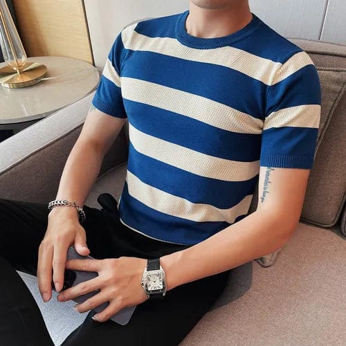 Blue / Asia L 58-63KG Summer Short Sleeve Stripe T-Shirt Men Fashion Hollow Out Plaid Knitted Casual T-shirt Breathable Round Neck Tee Top Streetwear