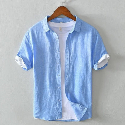 Blue / XLARGE Men's Summer Streetwear Linen Shirt - Casual Short Sleeve Solid Color Breathable Slim Fit Top