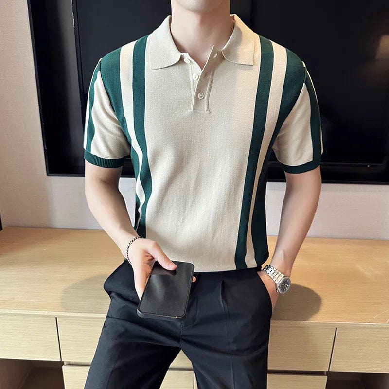 British Style Short Sleeve Polo Shirts Men Summer Striped Slim Fit Knitted Causal Business POLO T-shirts Social Streetwear Tops
