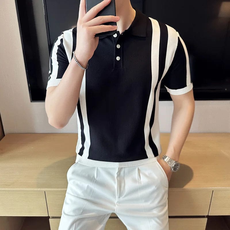 British Style Short Sleeve Polo Shirts Men Summer Striped Slim Fit Knitted Causal Business POLO T-shirts Social Streetwear Tops