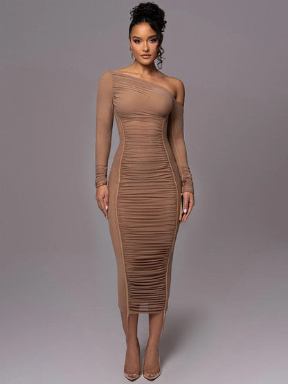 Brown / S Mozision Diagonal Collar Long Sleeve Midi Dress For Women Two Layer Mesh Backless Ruched Bodycon Club Party Sexy Long Dress