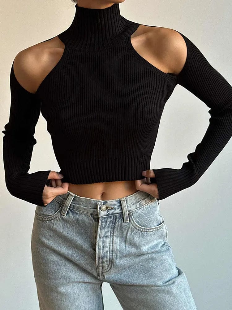 Chic Streetwear Vibes: Black Turtleneck Sweater with Off-Shoulder Hollow Out Design for Casual Elegance