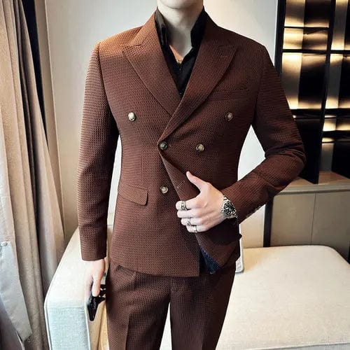 Coffee / Asia 3XL 76-80KG (Jacket+Pants) Men Blazers High Quality Double Breasted Business Suits/Male Slim Fit Waffle Groom's Wedding Dress Casual Tuxedo
