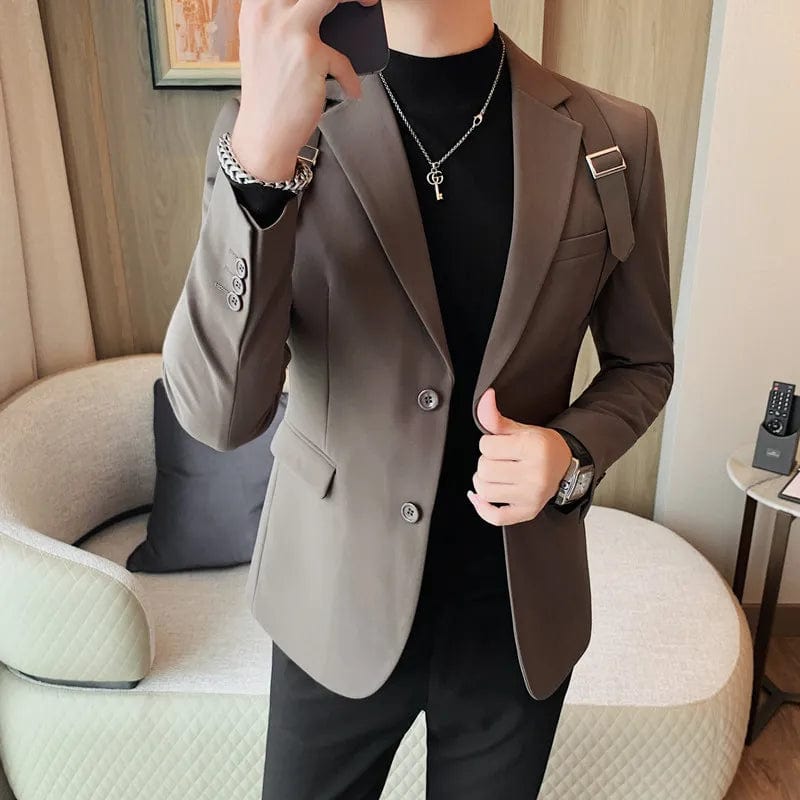 Coffee / Asian M 48-58KG Blazer Hombre British Shoulder Strap Design Blazer Jacket For Men Two Buttons Slim Fit Casual Elegant Mens Suits Formal Tuxedo