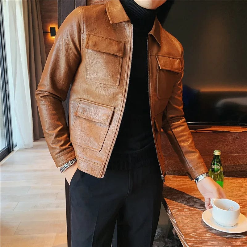 Coffee / Asian S is Eur XXS 2023 Brand clothing Men's spring Casual leather jacket/Male slim fit Fashion High quality leather coats Man clothing S-3XL