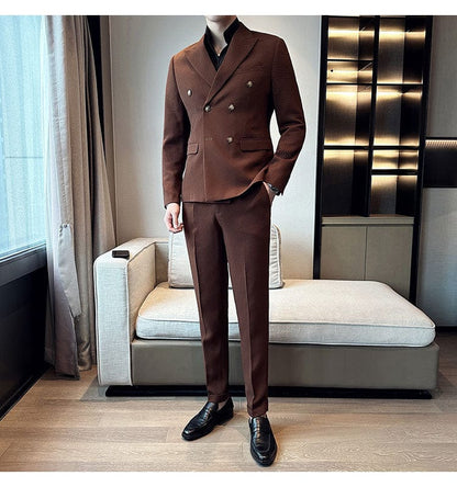 Coffee / XS (Jacket & Pants) Premium Double-Breasted Men's Business Suit: Tailored Set for Groom's Wedding Dress or Casual Tuxedo Look
