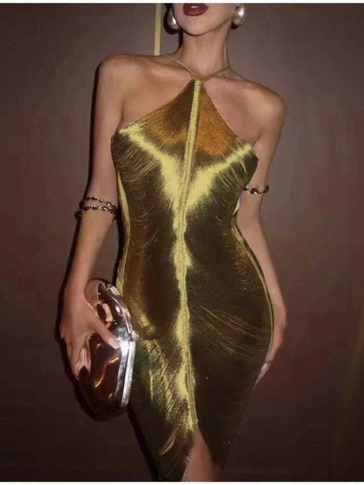 Gold / S Hanging Neck Metallic Short Dress: Women's Off-Shoulder Backless Shiny Elegance for Evening Party