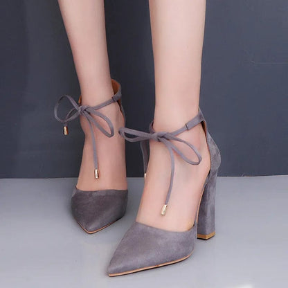 GRAY / 34 Elegant Square High Heels Lace Up Pointed Toe Ladies Shoes