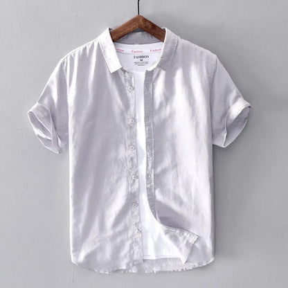 Gray / M Cotton Linen Short Sleeve Shirts For Men Casual Fashion Yellow Turn Down Collar Tops Male Summer Classic Basic Clothing Y2439