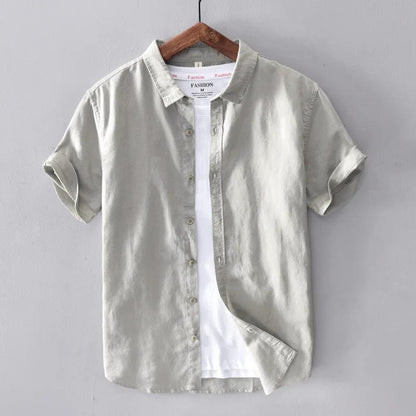 Green 1 / M Cotton Linen Short Sleeve Shirts For Men Casual Fashion Yellow Turn Down Collar Tops Male Summer Classic Basic Clothing Y2439
