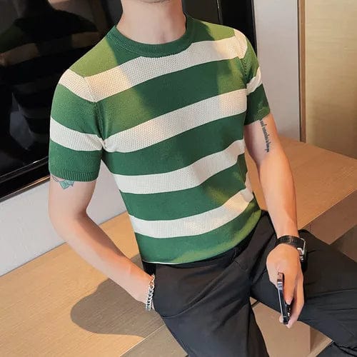 Green / Asia M 52-57KG Summer Short Sleeve Stripe T-Shirt Men Fashion Hollow Out Plaid Knitted Casual T-shirt Breathable Round Neck Tee Top Streetwear