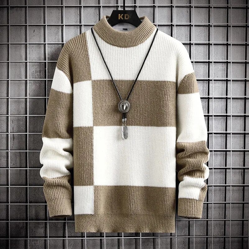 Khaki Collar White / XS Patchwork Sweater - Elevate Your Style: Men Casual Patchwork Colour Knitted Pullover Plaid Round Neck Sweater Man
