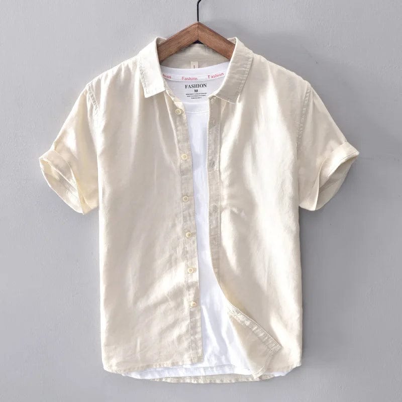 Khaki / M Cotton Linen Short Sleeve Shirts For Men Casual Fashion Yellow Turn Down Collar Tops Male Summer Classic Basic Clothing Y2439