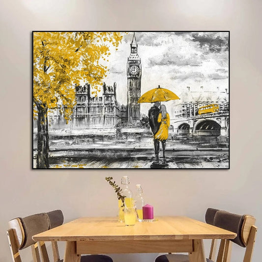 London Scenery Lovers Under On Umbrella Landscape Oil Painting Canvas Artwork Print