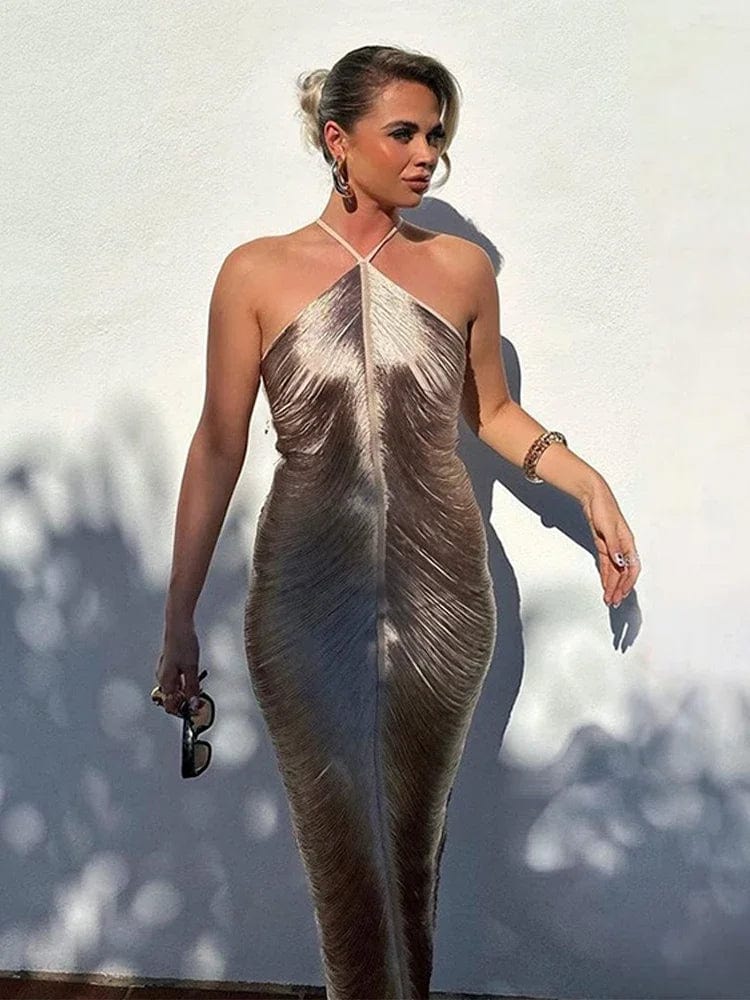 Long sliver / S Hanging Neck Metallic Short Dress: Women's Off-Shoulder Backless Shiny Elegance for Evening Party