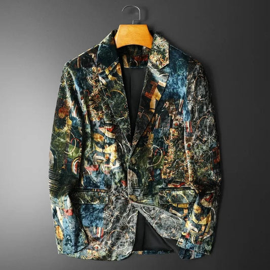 Luxury Print Vintage Men's Blazer Smart Casual Suit Jacket Slim Fit Streetwear