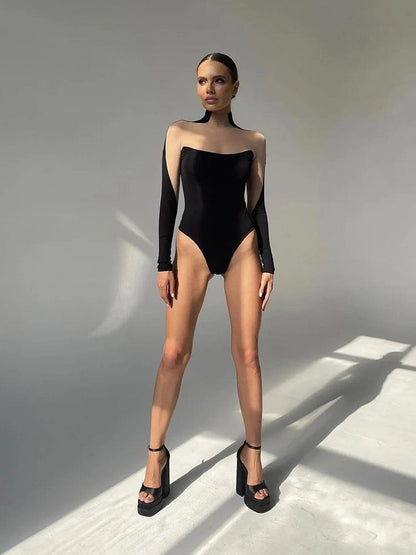 Nude / M Women's Mesh Bodysuit Long Sleeve Seductive Bodycon
