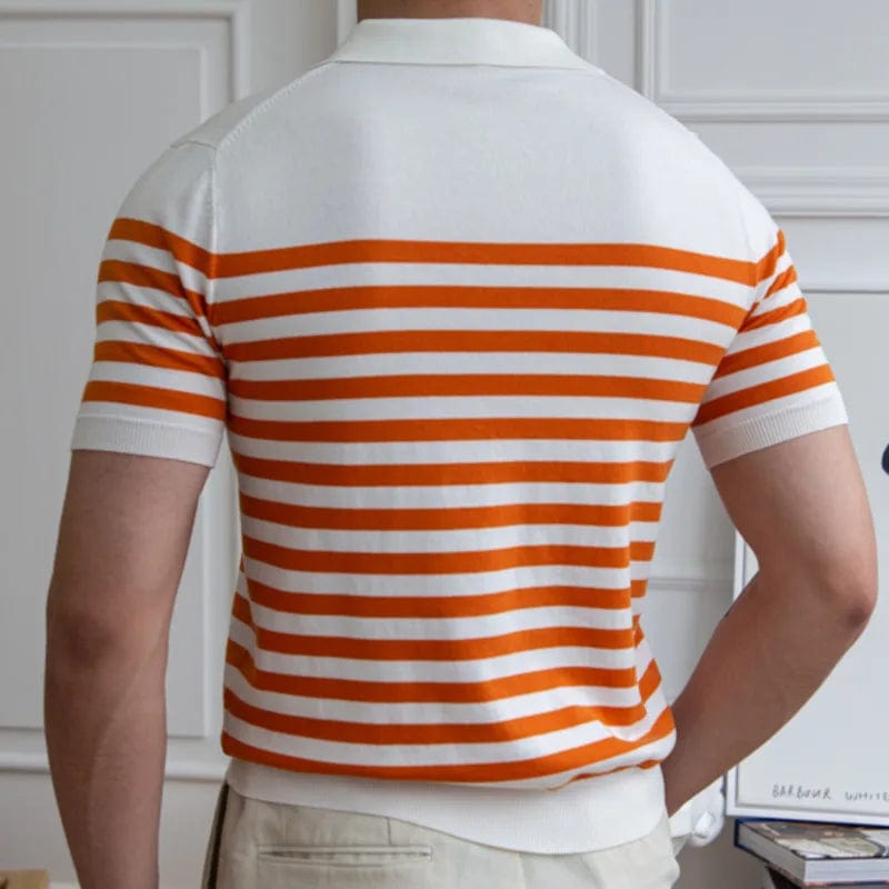 Orange Contrasting Stripes Casual Slim Lapel Polo Summer Knit Lapel T-shirt Polo Camisa Hombre British  Men's Shirt Mannen Polo