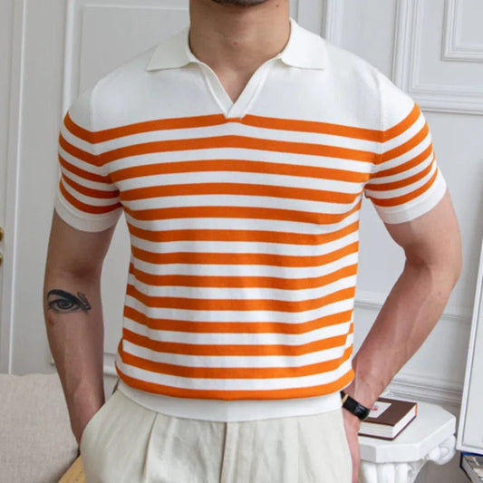 Orange / EU M (77kg) Tag 2XL Orange Contrasting Stripes Casual Slim Lapel Polo Summer Knit Lapel T-shirt Polo Camisa Hombre British  Men's Shirt Mannen Polo