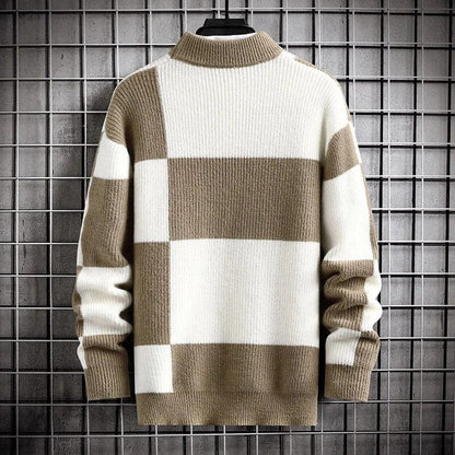 Patchwork Sweater - Elevate Your Style: Men Casual Patchwork Colour Knitted Pullover Plaid Round Neck Sweater Man