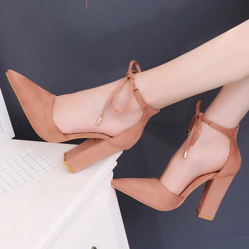 Pink / 34 Elegant Square High Heels Lace Up Pointed Toe Ladies Shoes