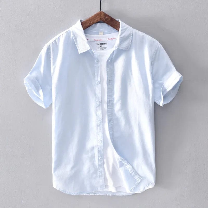 Sky blue / M Cotton Linen Short Sleeve Shirts For Men Casual Fashion Yellow Turn Down Collar Tops Male Summer Classic Basic Clothing Y2439