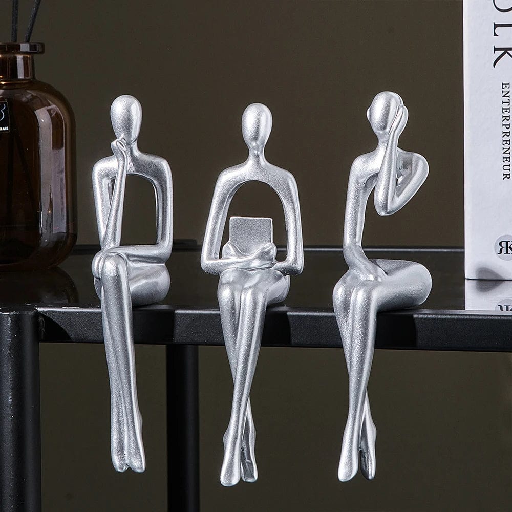 Sliver-3pcs Modern Art Trio: Abstract Figure Ornaments Set for Desk Decoration, Living Room Accents, and Unique Home Decor Gift