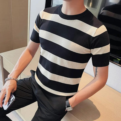 Summer Short Sleeve Stripe T-Shirt Men Fashion Hollow Out Plaid Knitted Casual T-shirt Breathable Round Neck Tee Top Streetwear