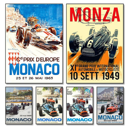 Vintage Car Racing Monaco Formula One Grand Prix F1 Race Canvas Painting Art Prints