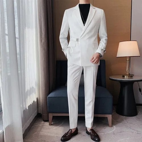 WHITE / Asia L 58-63KG (Jacket+Pants) Men Spring High Quality Business Suits/Male Slim Fit Fashion Casual Office Dress Men 2 piece Casual Blazers S-4XL